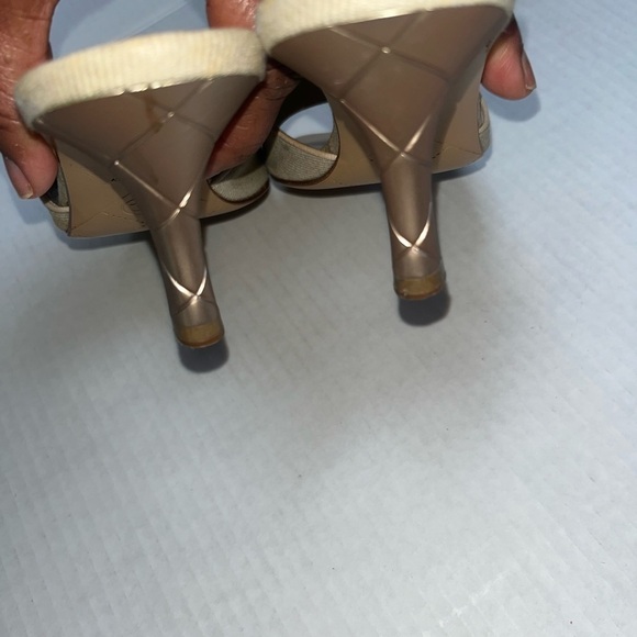 Chanel slide boho classic retro sandals heels Wheat color fabric silver logo 6.5 - Picture 7 of 15